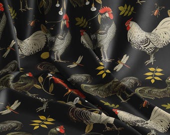 Rooster Fabric, Vintage Farmhouse Black Cotton, Quilting Sewing Material