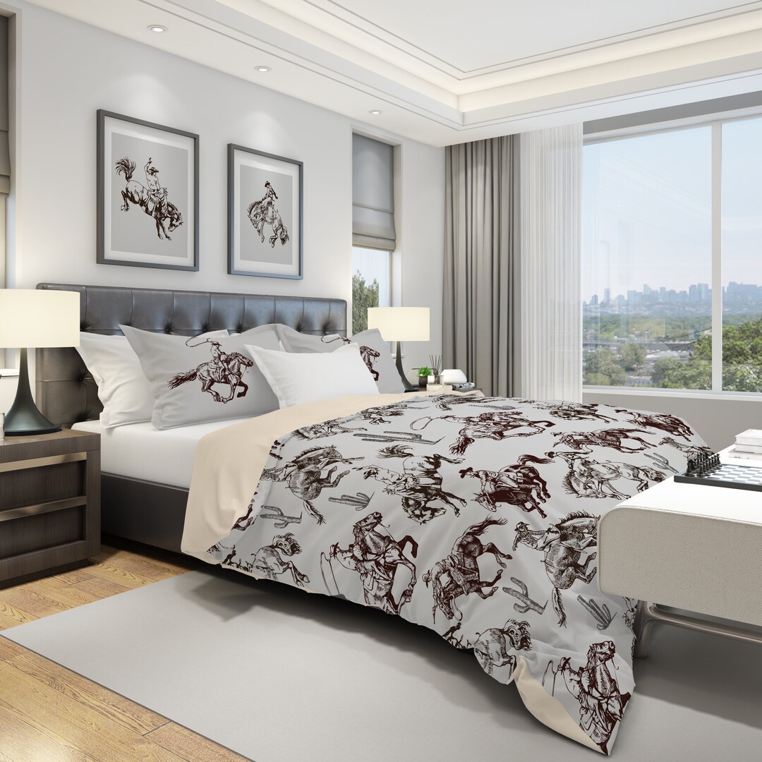 Western Duvet Cover and Pillow Shams, Rodeo Cowboy Bedding, Wild West ...