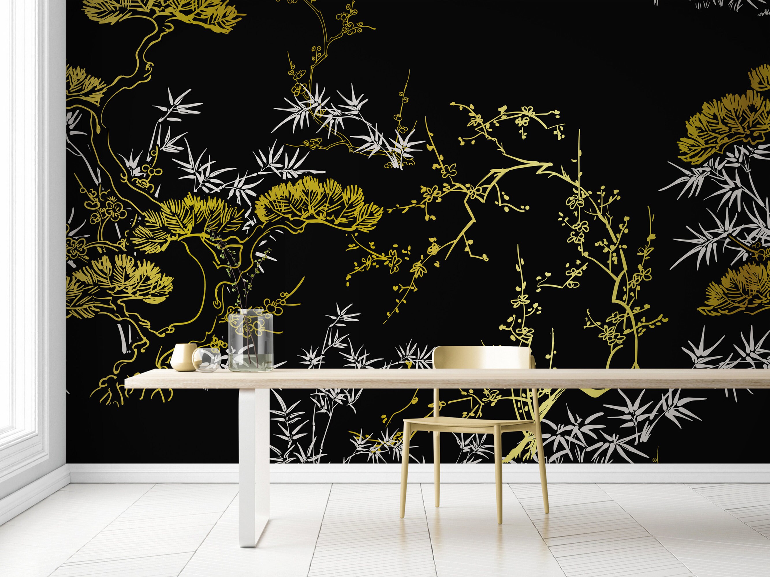 Black Wallpaper Japanese Wall Decal Pine Tree Mural Wall Etsy