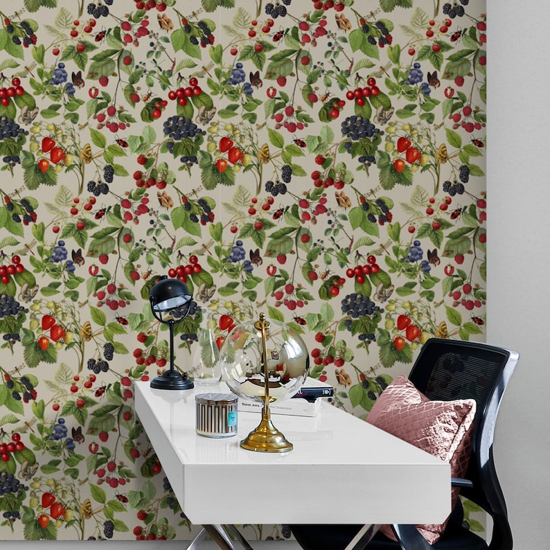 Ivory Wall Paper With Strawberry Botanical Wallpaper With - Etsy