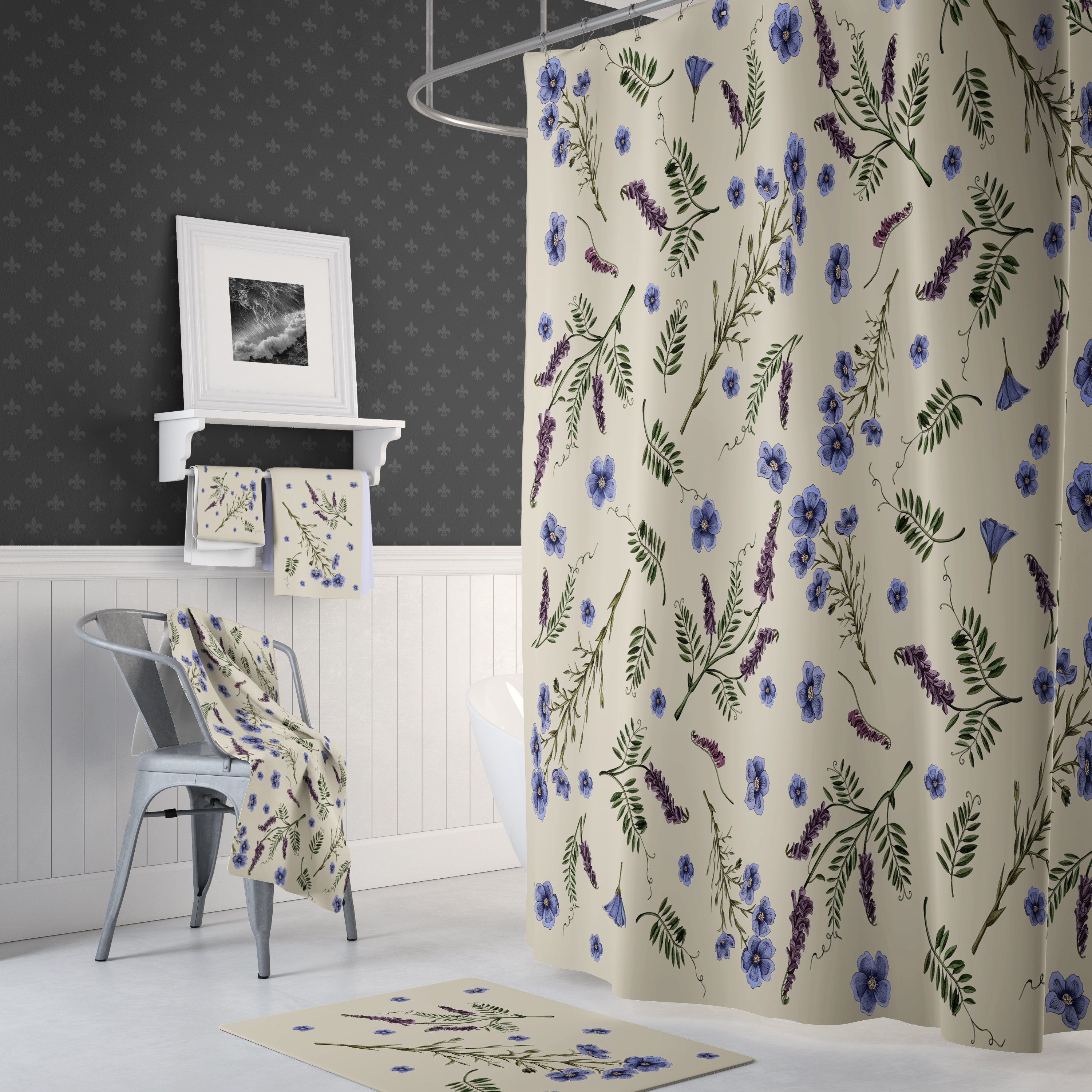 Neutral Colors Shower Curtain Beige With Lavender Flowers