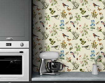 Birds Wallpaper, Botanical Wall Mural, Floral Wall Paper, Vintage Nature Decor