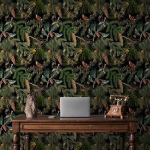 Green Wallpaper with Birds, Woodland Wall Decal, Dark Botanical Wall Paper Peel and Stick