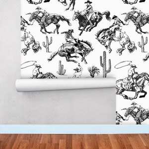 Wallpaper Southwestern Cowboy, Ranch Wall Decor, Traditional Wall Paper, Wild West Decor, Retro Western Cowboy