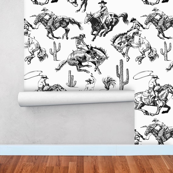 Wallpaper Southwestern Cowboy, Ranch Wall Decor, Traditional Wall Paper, Wild West Decor, Retro Western Cowboy