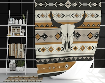 Southwest Shower Curtain with Bull Skull, Western Shower Curtains, Southwestern Bathroom Décor