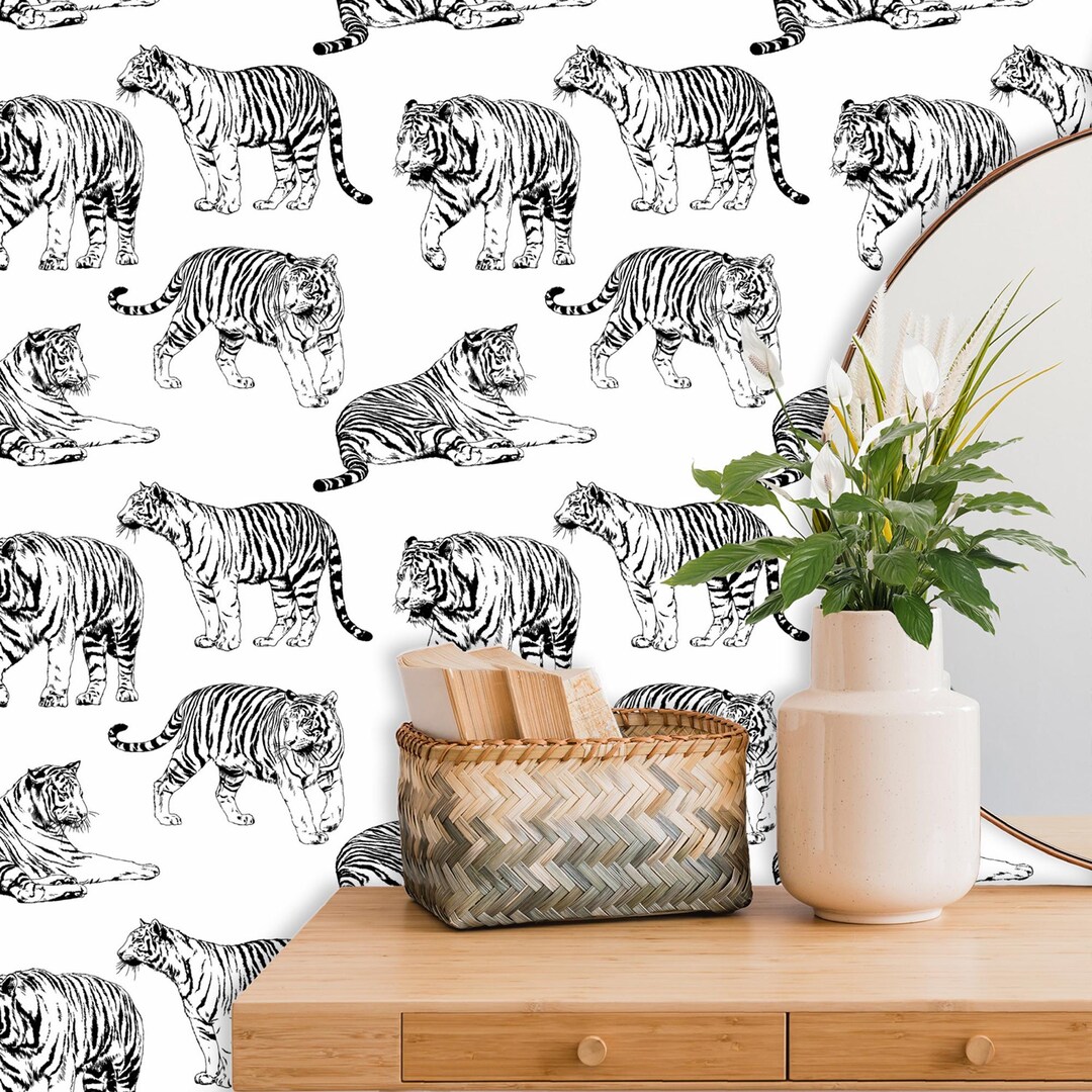 Tiger Wallpaper, Jungle Animal Wall Decal, Safari Nursery Decor, Black ...