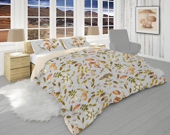 Woodland Duvet Cover and Pillow Cases, Mushrooms Bed Accessories, Cabin Duvet, Country Bedding
