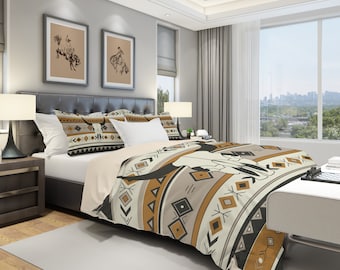 Southwestern Duvet Cover with Bull Skull and Boho Pillow Shams, Southwest Bedding Accessories, Western Bedroom Décor