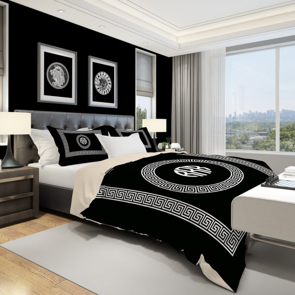 Black Duvet Cover, Monogram Bedding, Greek Key Duvet Cover Queen, Twin Size and Monogrammed Pillow Shams with Meander