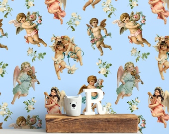 Cupid Wallpaper, Angel Wallpaper, Blue Wall Paper Peel and Stick, Nursery Wallpaper, Kid Room Wall Decor