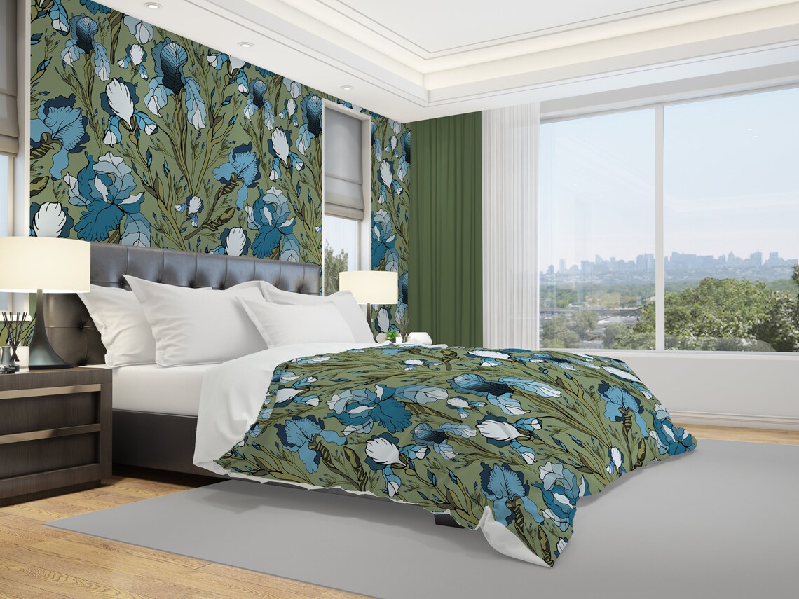 Sage Bedding Set Iris Flowers Comforter and Pillowcases Art Etsy