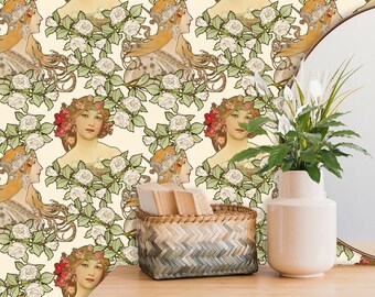Art Nouveau Wallpaper, Art Deco Wall Decor, Peony Wallpaper Peel and Stick, Floral Decor