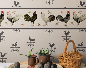 Farmhouse Rooster Wallpaper, Beige Wall Paper Peel and Stick, Rustic Country Kitchen, Chicken Wall Decor