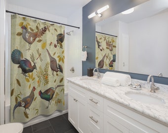 Cabin Shower Curtain, Bath Curtain with Birds, Country Cottage Bathroom Décor, Retro Style Shower Curtain