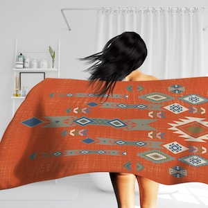 Boho Bath Towels, Terracotta Southwestern Towel, Ethnic Bathroom Decor, Orange Hand Towel