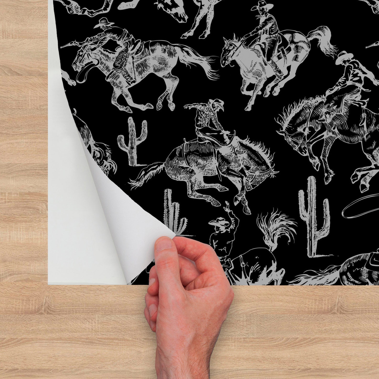 Cowboy Wallpaper Peel and Stick Black Wallpaper With Horses - Etsy
