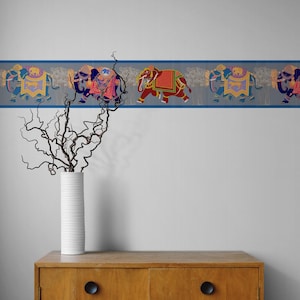 Elephant Wall Border Peel and Stick , Indian Wallpaper, Retro Wall Decal, Blue Wall Paper Border