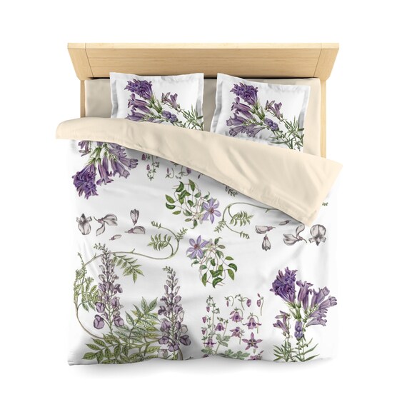 Purple Flowers Duvet Cover and Floral Pillow Shams White Duvet Cover Floral Bedding Etsy Canada