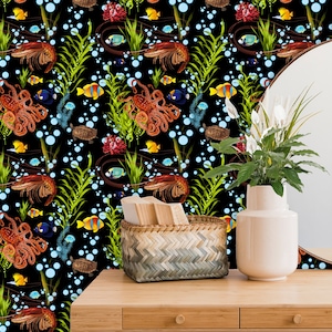 Octopus Wallpaper, Dark Wallpaper with  Fish, Peel and Stick, Under the Sea Wall Paper Peal and Stick