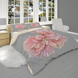 Rose Duvet Cover, Pink Flower Bedding, Duvet Cover and Rose Pillow Shams, Unique Bedding Accessories