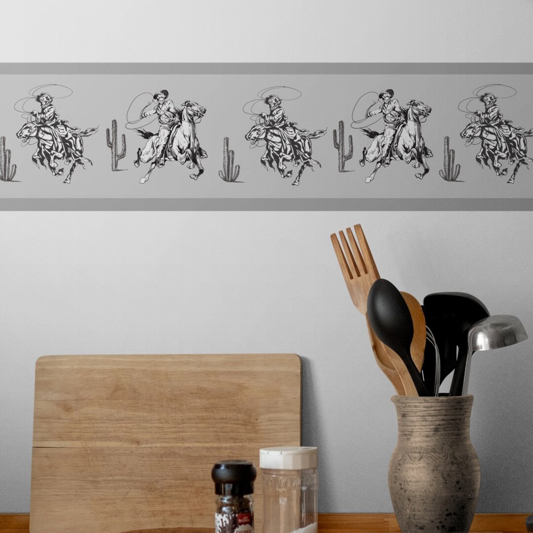 Western Wallpaper Border With Cowboy, Southwestern Wall Decor, Rodeo