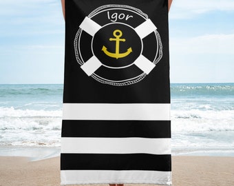 Black Bath Towel, Nautical Bathroom Decor, Towel with Name, Personalized Gift for Him, Housewarming Gift, Beach Towel, Men Birthday Gift