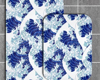 FYSUIMU U-Shaped Ocean Wave Bathroom Rug - Blue Tufted Toilet Mat For Coastal Decor - View #6