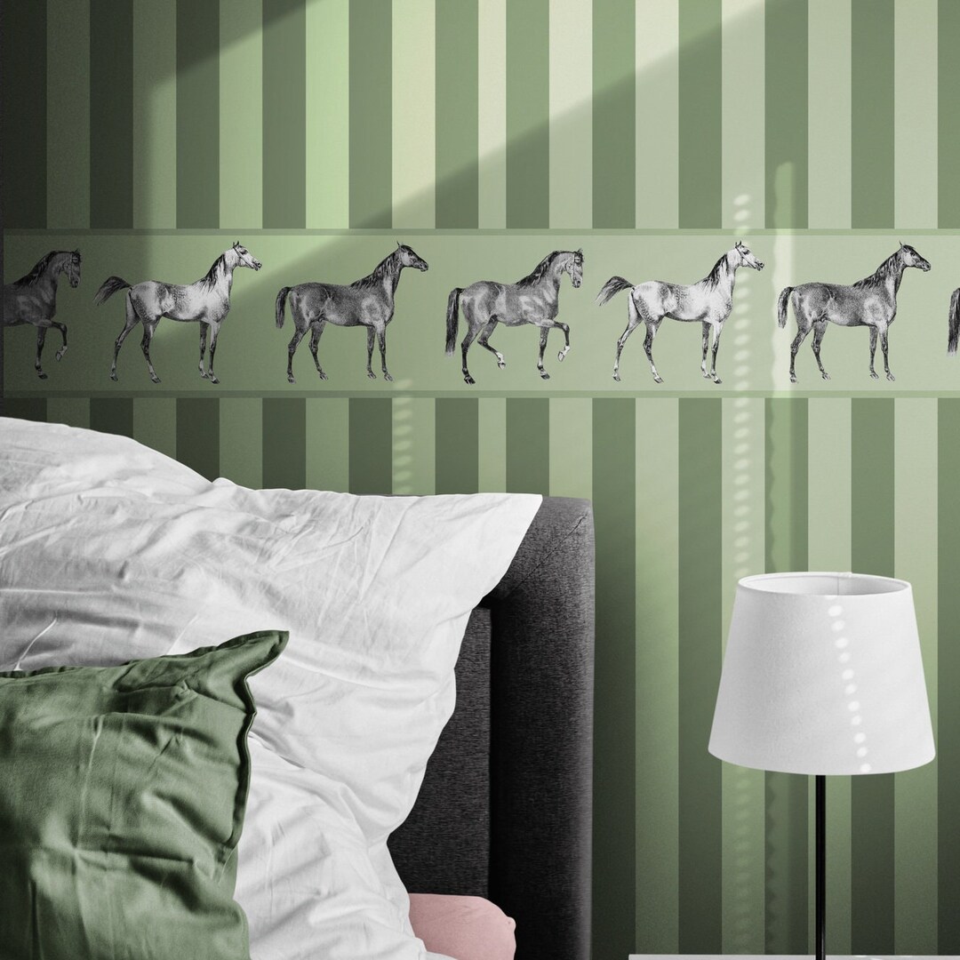 Striped Wallpaper, Horse Wall Paper, Green Ranch Decor for Equine and
