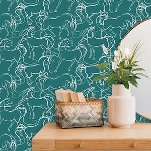 Papier peint bleu sarcelle avec chevaux, sticker mural sud-ouest, décoration de ranch, papier peint de ferme, décoration équine
