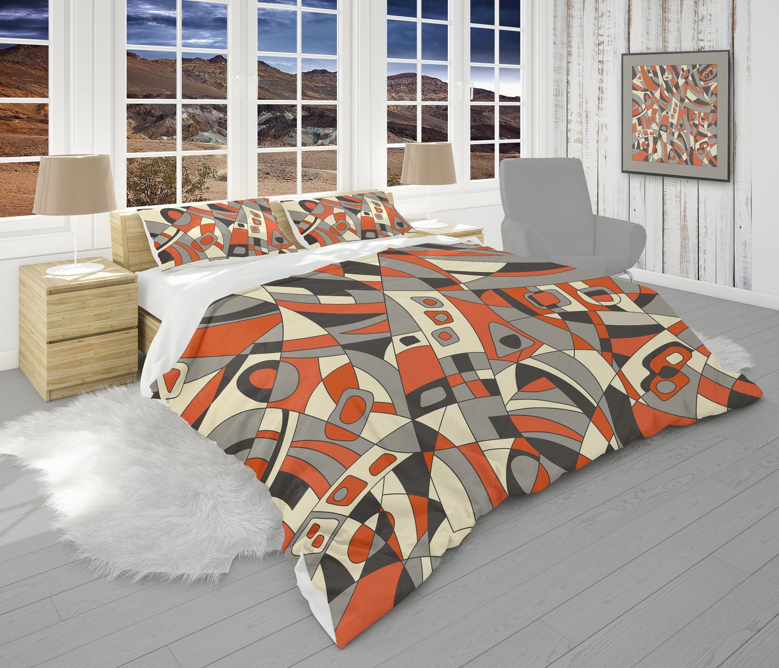 Geometric Comforter Set Retro Bedding Set Abstract Orange Etsy