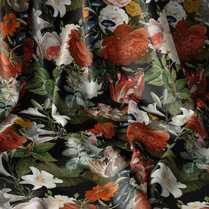 Dark Floral Fabric, Peony Fabric, Cotton Fabric by the Yard with Vintage Botanical Print, Garden Fabric for Quilting, Sewing or Home Decor
