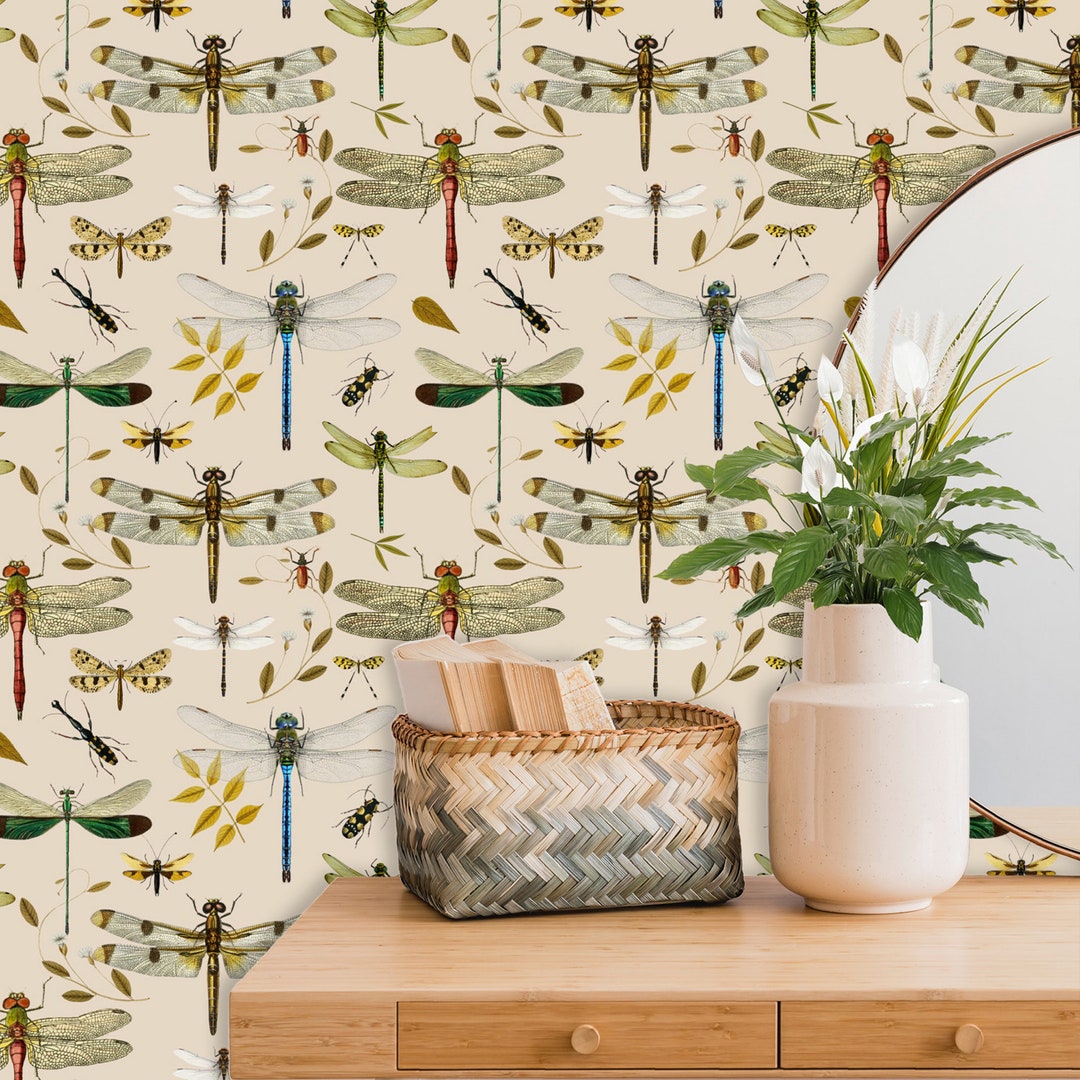 Botanical Wall Paper With Dragonfly, Beige Wallpaper Peel and Stick