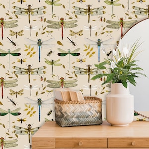 Botanical Wall Paper with Dragonfly, Beige Wallpaper Peel and Stick, Delicate Wall Decor for Any Room