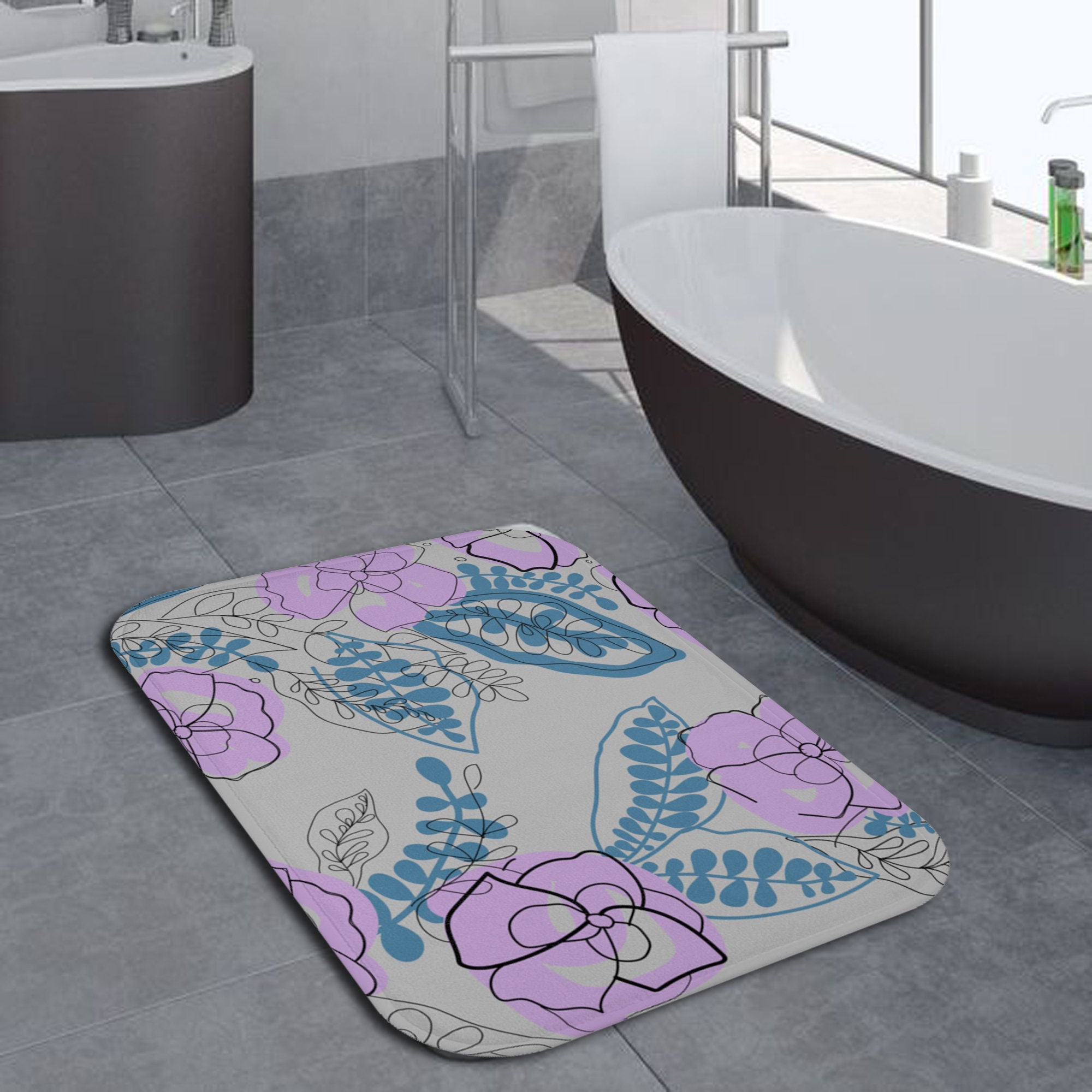 Grey Bath Mat With Lilac Flowers Floral Bath Rug Boho Etsy UK