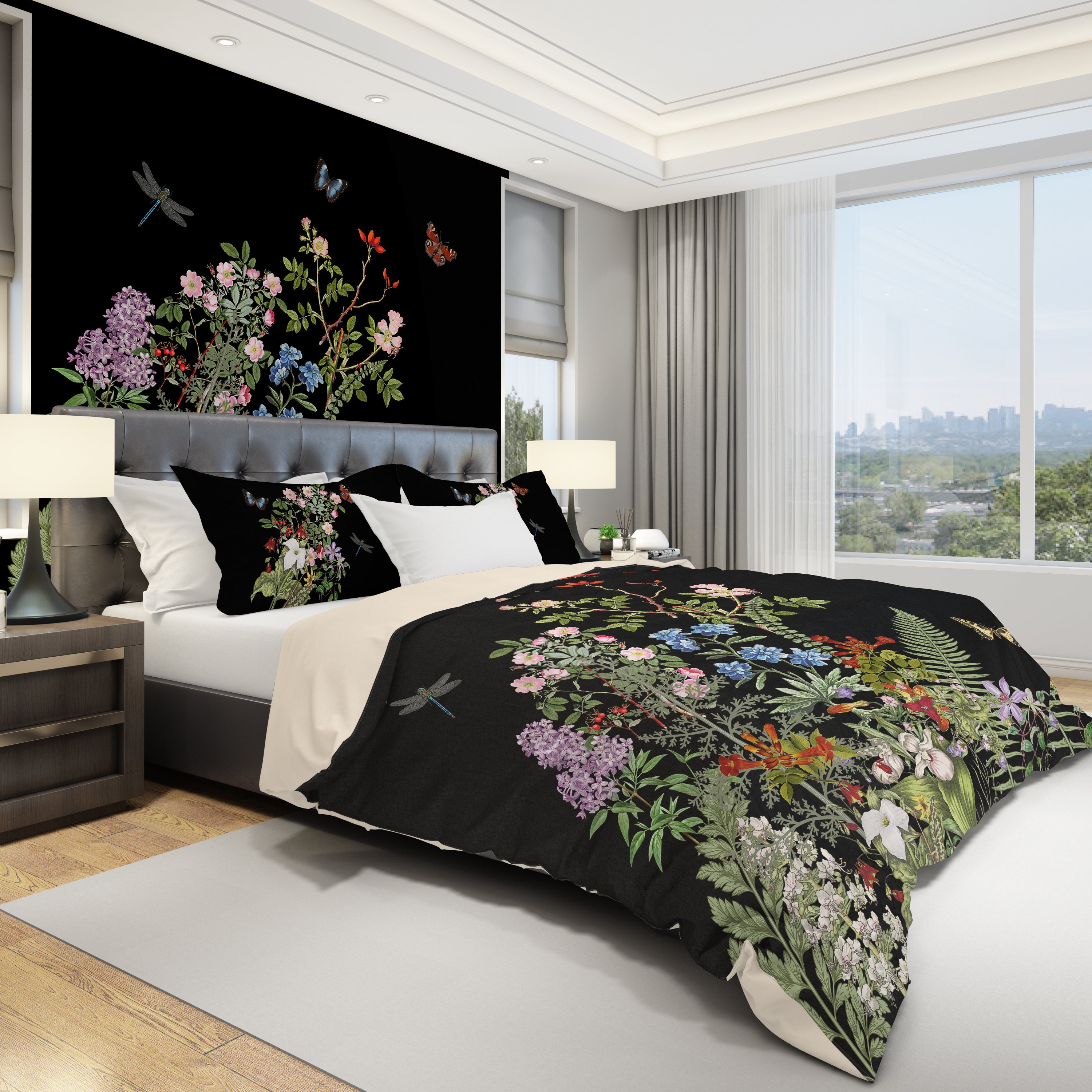 Black Floral 3-Piece Microfiber Bedding Set: Duvet Cover and Pillow Sh –  Comfybedding