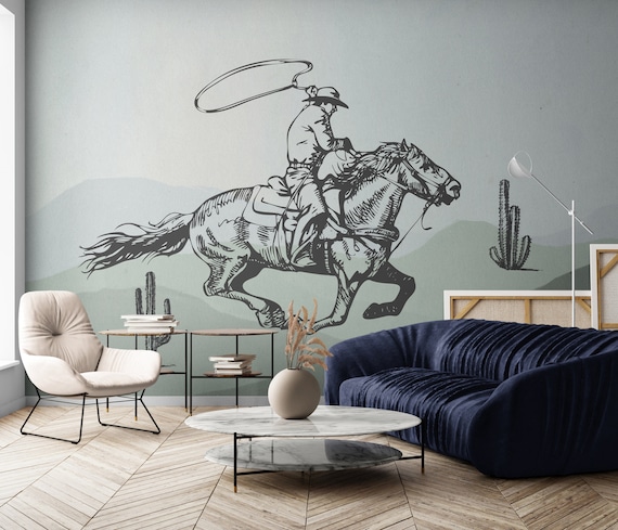 Southwestern Wall Decal Cowboy Wallpaper Calf Roper Mural - Etsy
