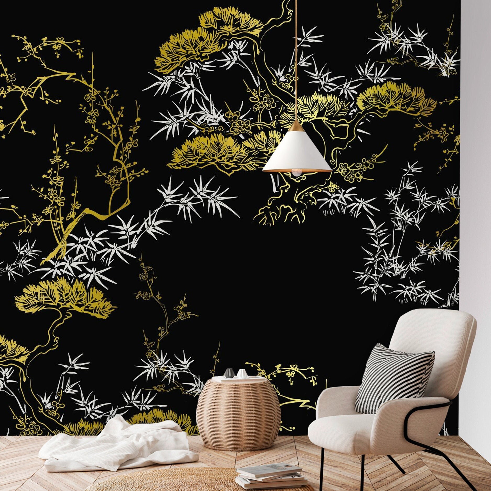 Black Wallpaper Japanese Wall Decal Pine Tree Mural Wall Etsy