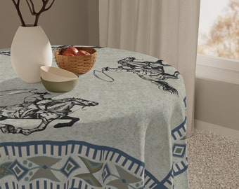 Boho Tablecloth, Southwestern Table Cloth with Cowboy, Gray Table Cloth, Western Table Decor