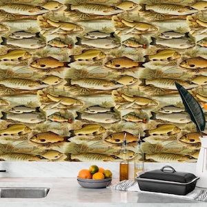 Cabin Wallpaper with Fish, Retro Wallpaper Peel and Stick, Fishing Theme Home Decor, Lake House Decor, Cottage Wall Decor