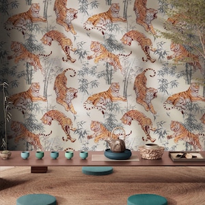 Safari Wallpaper with Tiger, Jungle Wall Decals, Animals Decal Peel and Stick, Wildlife Wall Decor