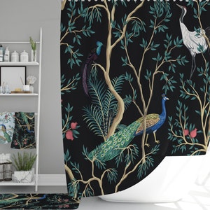 Rideau de douche avec paon, rideau de bain noir avec fleurs et oiseaux, cadeau Boho