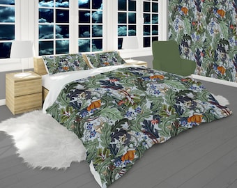 May include: A white duvet cover with a floral pattern in shades of green, blue, orange, and brown. The duvet cover features a repeating pattern of leaves, flowers, and vines.