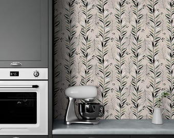 Beige Botanical Wallpaper with Leaves: Modern Neutral Wall Decor