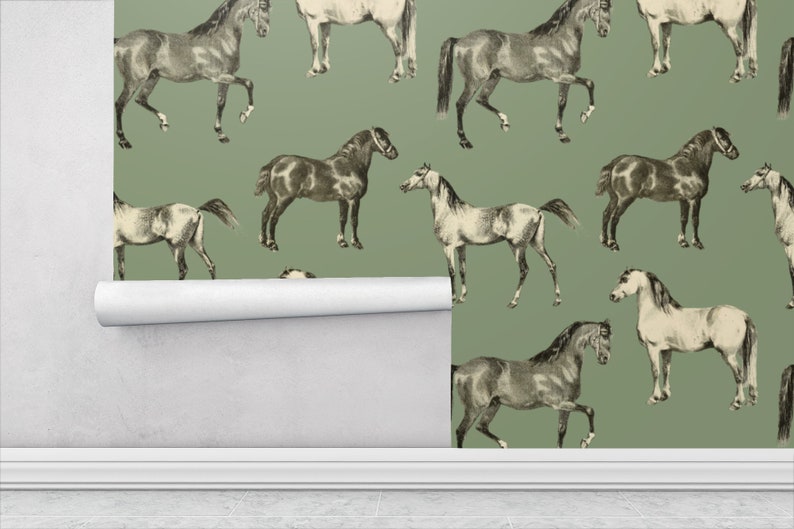 May include: A seamless pattern featuring a repeating design of black and white horses on a sage green background.