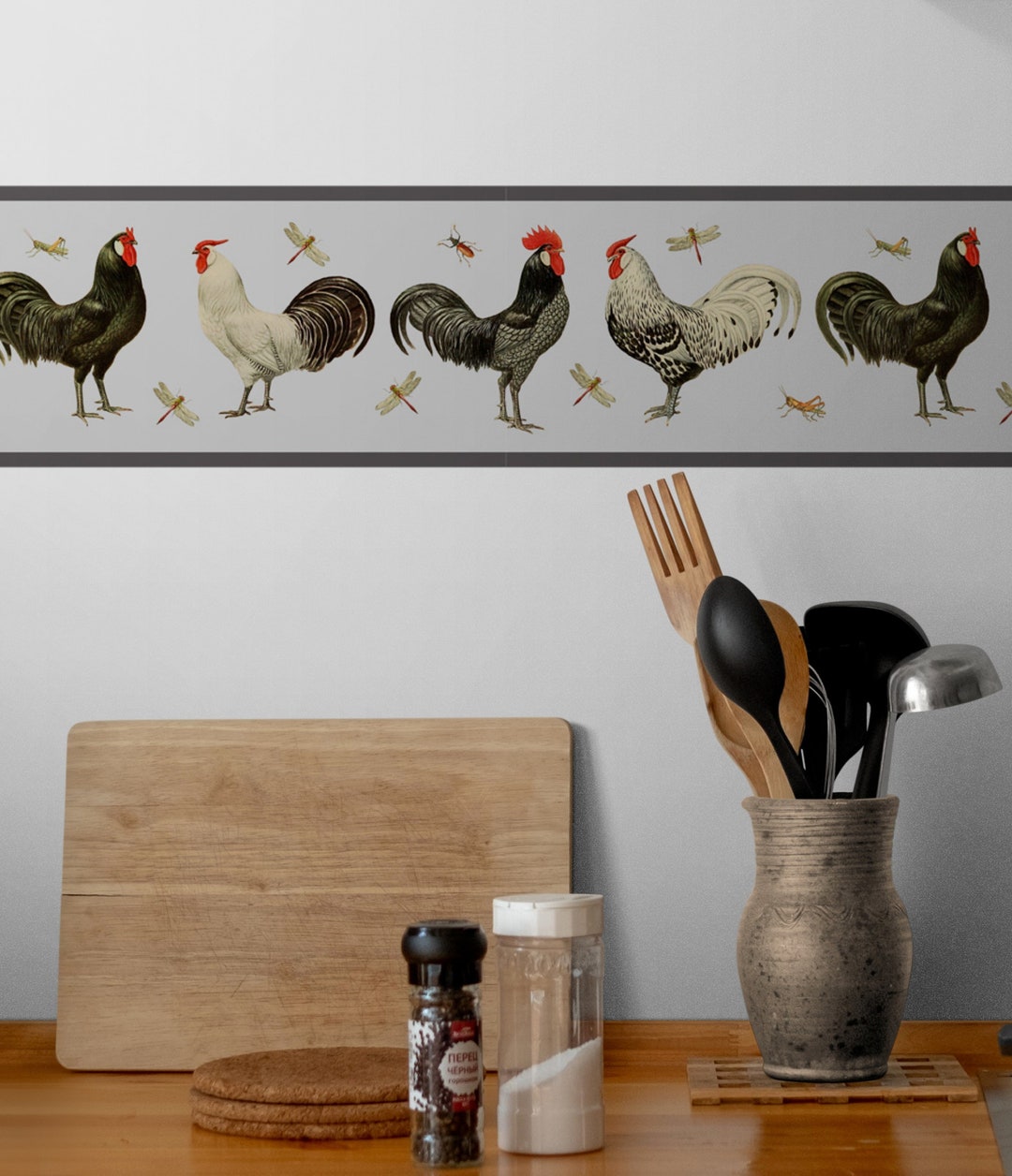 Rooster Wallpaper Border, Farm Wall Paper Border, Farmhouse Decor, Wall
