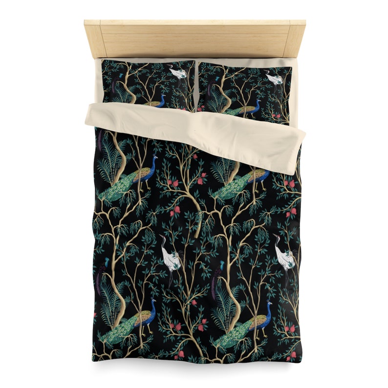 Peacock Duvet Cover Set Black Floral Bedding Blanket Case Etsy