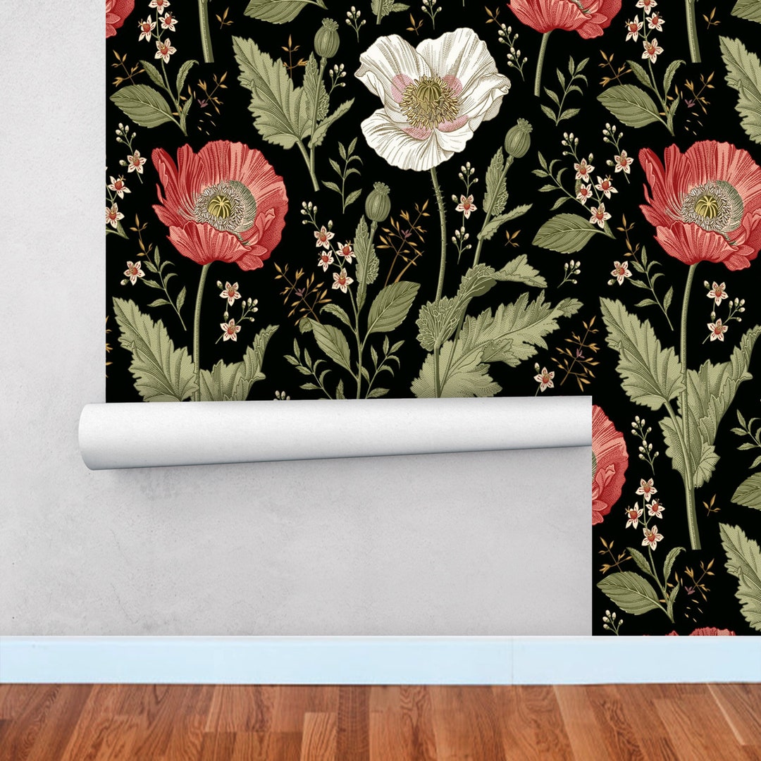 dark-botanical-wallpaper-girly-wallpaper-bright-flowers-wall-decor