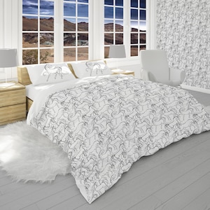 Horse Bedding, Equestrian Decor, Comforter Bedding Set with Pillow Shams, Black and White Bedding, Horse Lover Gift
