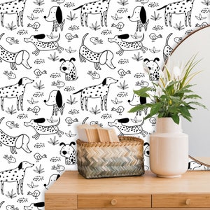 Dogs Wallpaper, Wallpaper Black White, Funny Wall Decor, Kids Room Wall Paper Peel and Stick